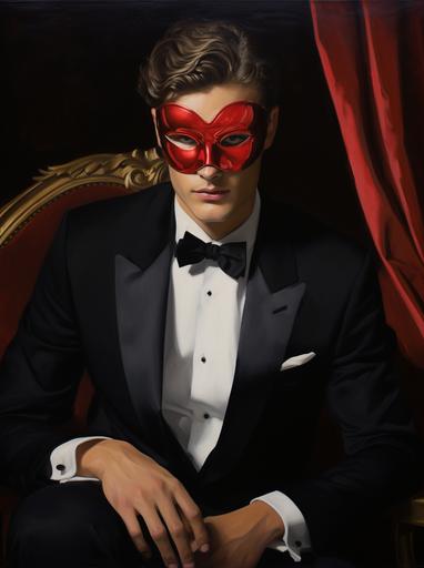 a man in a tuxedo holds a red masquerade mask, in the style of alex russell flint, simple and elegant style, magnus enckell, gold, tom wänerstrand, video, luxurious fabrics --ar 38:51