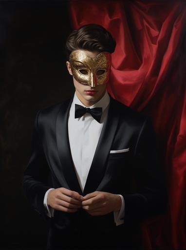 a man in a tuxedo holds a red masquerade mask, in the style of alex russell flint, simple and elegant style, magnus enckell, gold, tom wänerstrand, video, luxurious fabrics --ar 38:51