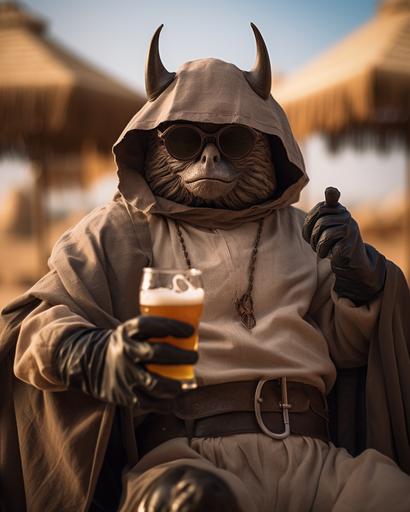 a man in bat character holding two beer glasses, in the style of beach portraits, photobash, desertpunk, marvel comics, environmental installation artist, dau al set, detailed costumes --ar 4:5