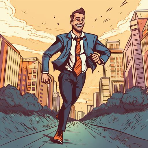 a man in his 20s, running, in a business suit, he has a lot to do, the man is smiling, he is happy. in the background a sunny summer city, a cartoon image --v 5