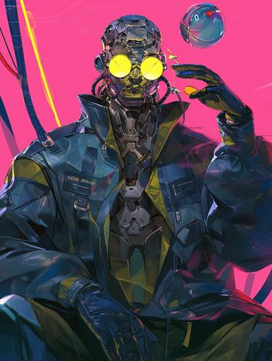 a man in his space pirate costume and glowing glasses, in the style of cyberpunk realism, colorful animations, metallic accents, realistic hyper-detailed portraits, poolcore, dark cyan and gold, gadgetpunk --ar 3:4 --niji 6