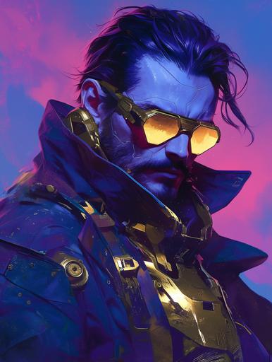 a man in his space pirate costume and glowing glasses, in the style of cyberpunk realism, colorful animations, metallic accents, realistic hyper-detailed portraits, poolcore, dark cyan and gold, gadgetpunk --ar 3:4 --niji 6