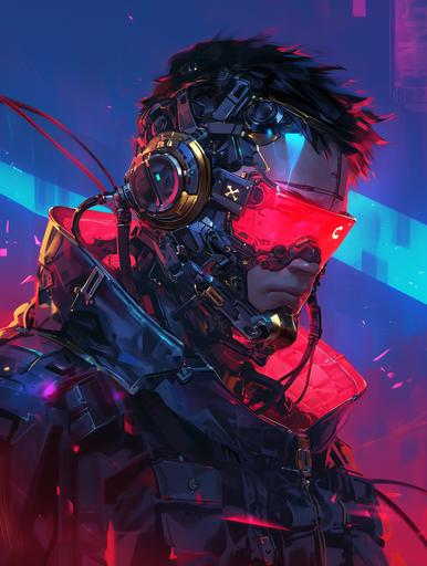 a man in his space pirate costume and glowing glasses, in the style of cyberpunk realism, colorful animations, metallic accents, realistic hyper-detailed portraits, poolcore, dark cyan and gold, gadgetpunk --ar 3:4 --niji 6