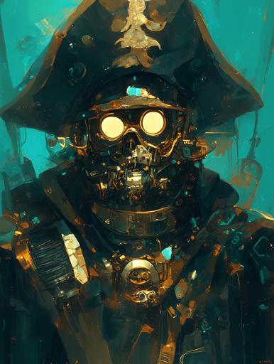 a man in his space pirate costume and glowing glasses, in the style of cyberpunk realism, colorful animations, metallic accents, realistic hyper-detailed portraits, poolcore, dark cyan and gold, gadgetpunk --ar 3:4 --niji 6