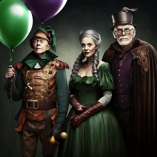 a man in robin hood costume, a woman in a nun costume and an old man in a tarzan costume, balloons, highly detailed photograph