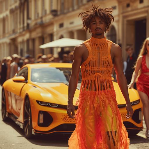 a man in the street turns around beside a Corinthian concept car and gives a candid glance, wearing neon yellow dress and hairy legs. Fitness model made of hirsute fibres, red tendrils fighting the fabric of autonomy and electrics --v 6.0 --s 750