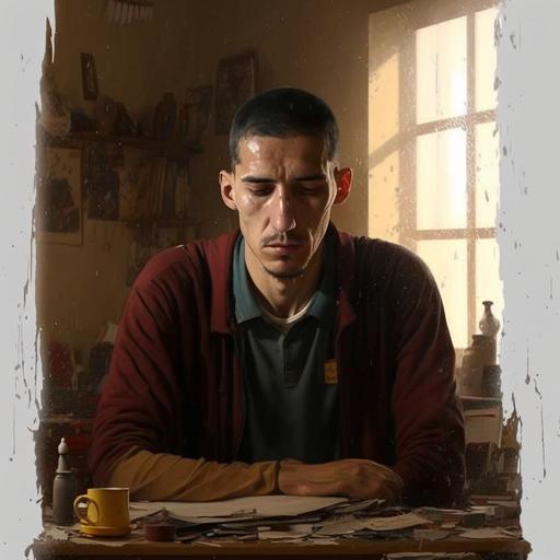 , a man is sad, writer, in an old room, writing a sad letter to his girlfriend, the man is wearing old clothes, he is crying, old library, old pen, a cup of coffe on the table, a lot of papera on the ground of room, a painting on th wall written on it مذكرات المختاري , and painting on the wall of room of a a beautiful girl, two old windows in room, old library, old clock, water on table, crumled leaves, little cat in room, a llot of old notebooks, high qulity details, candles, his girlfriend painting on the wall, 8k, --v 4