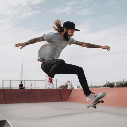 a man jumping up touching his toes at a skatepark 8k --v 5.0