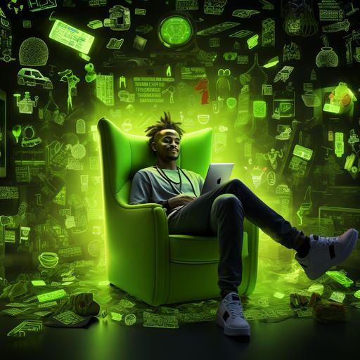 a man layindown covered in small and all different ecommerce and internet icons. his body is covered. we can only see his face. Smiling. eyes looking up details in lime neon green