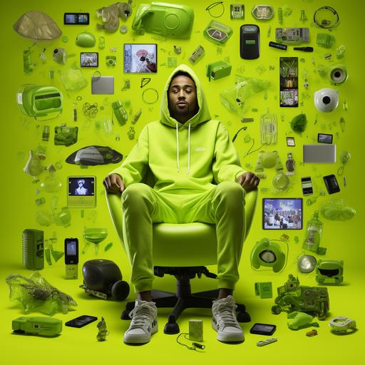 a man layindown covered in small and all different ecommerce and internet icons. his body is covered. we can only see his face. Smiling. eyes looking up details in lime neon green