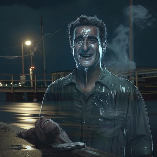 a man made of transparent pale blue glass standing on a commercial fishing pier in East Boston at night in the rain. He appears to be made of mist and smoke. Next to him lies a dead man, face down, 8K, ultra photorealistic, intricate details