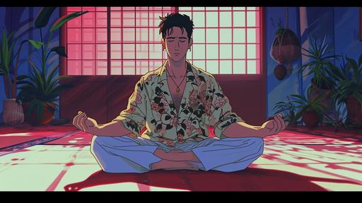 a man meditating, anime 90's style --ar 16:9 --v 6.0