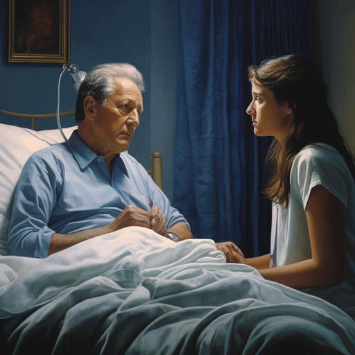 a man on hospital in bed looking at the daughter worried
