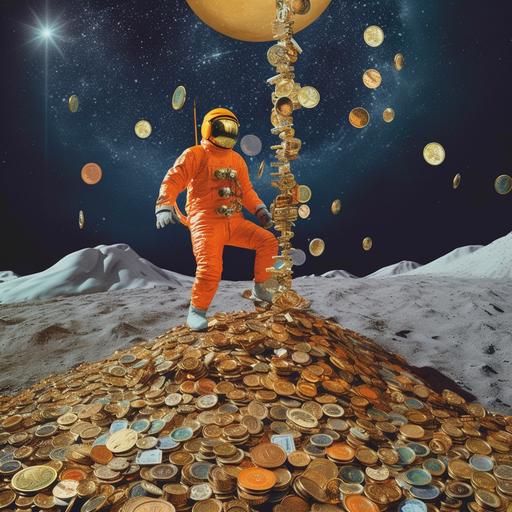 a man on the moon with an abudance of gold, money, and jewels; orange hues; in the style of Storm Thorgerson