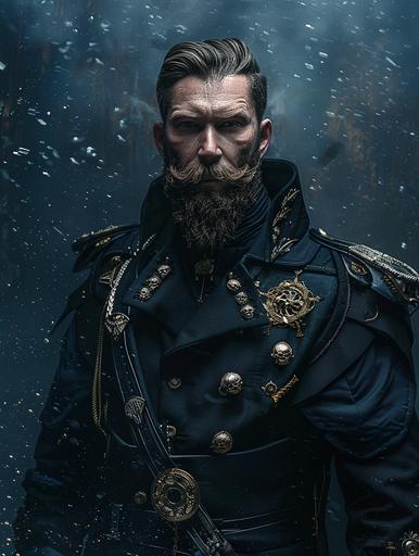 a man or a character in a black costume with a beard, in the style of cybermysticsteampunk, space pirate, realistic marine paintings, 32k uhd, fantasy creatures, eye-catching, rococo extravagance, redshift --ar 3:4 --v 6.0