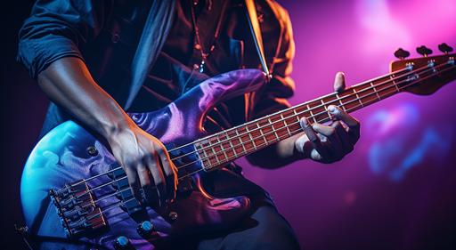 a man playing the bass at a concert, in the style of light navy and purple, immaculate perfectionism, light yellow and teal, raw authenticity, creative commons attribution, close up, amandine van ray --ar 78:43