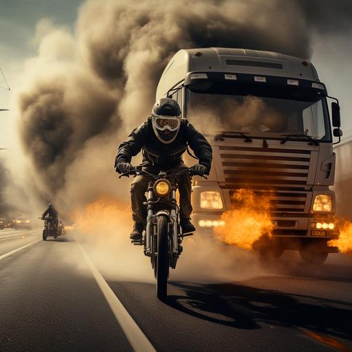 a man riding a bike in between two trucks with nitrous on