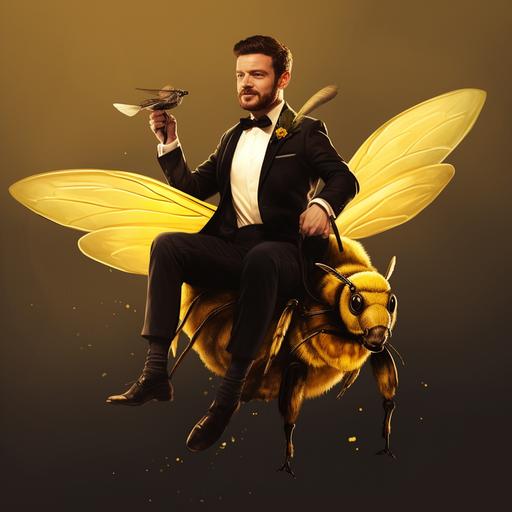 a man riding a cute bee, man wearing a tuxedo