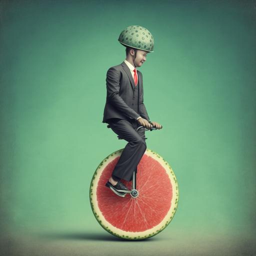 a man riding a unicycle with a watermelon on his head