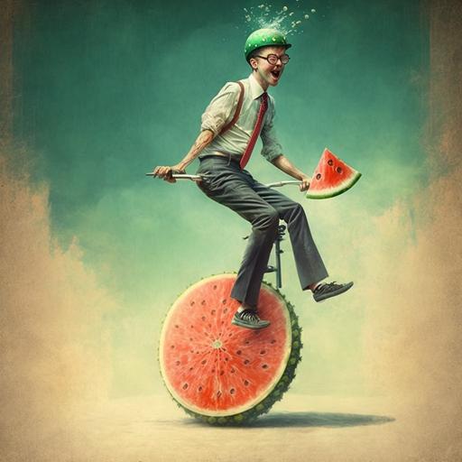 a man riding a unicycle with a watermelon on his head