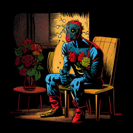 a man sitting in a dark room with a red flower rhinestone masked , he’s strapped to a wooden chair being forced to watch TV, dark 80s retro comic book style