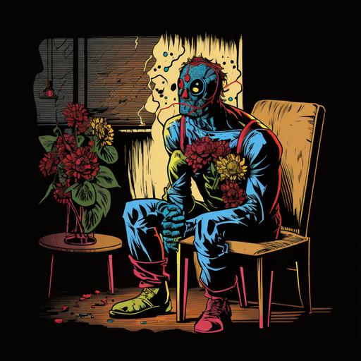 a man sitting in a dark room with a red flower rhinestone masked , he’s strapped to a wooden chair being forced to watch TV, dark 80s retro comic book style