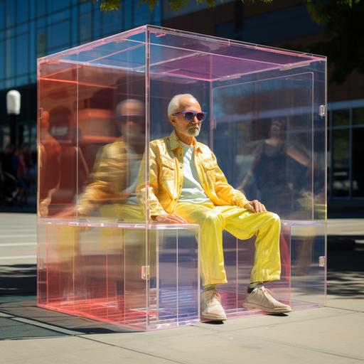 a man sitting in a transparent but colorful box. its sunnyat midday. The camera is a Nikkormat ftn 35mm photography. Beautiful composition in sharp focus. Shot in the style of Cindy Sherman