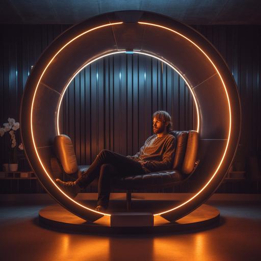 a man sitting on a sofa inside a tensor ring, which is 1 meter in diameter, without shoes   aesthetic   film grain   8k image