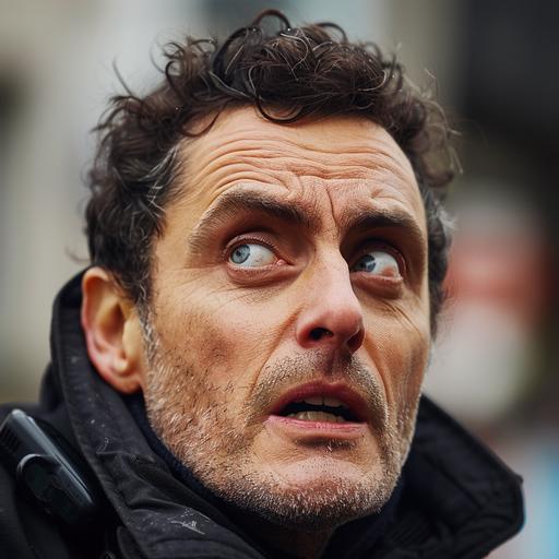 a man speaking into a police dash walkie, close up, Rufus Sewell, photograph, terrified expression, talking, 50mm, head shot, tight frame of head, expression shot, --v 6.0 --style raw