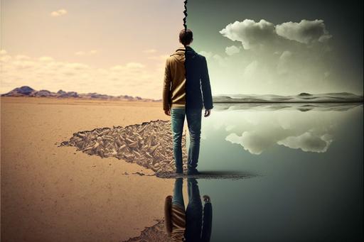 a man standing in two diffrent parallel worlds, good versus bad situation, photorealistic, --ar 3:2