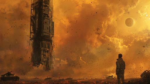 a man stands with his head up and looks up at a tall, rusted radio mast, in the middle of a battlefield with rusted tanks, rustpunk, rustcore space opera , jonathan wolstenholme, cinematic shot, dynamic scene, whiplash --ar 16:9 --s 250 --v 6.0