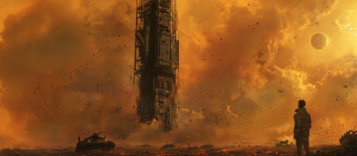 a man stands with his head up and looks up at a tall, rusted radio mast, in the middle of a battlefield with rusted tanks, rustpunk, rustcore space opera , jonathan wolstenholme, cinematic shot, dynamic scene, whiplash --s 250 --v 6.0 --ar 103:45