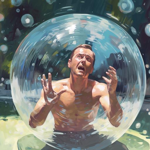 a man trapped in a bubble in a pool, the bubble is light brown and the man is yelling for help and using his hands to try to break the bubble. He is scared and has a look of disgust on his face. He is shirtless but is wearing swim trunks.