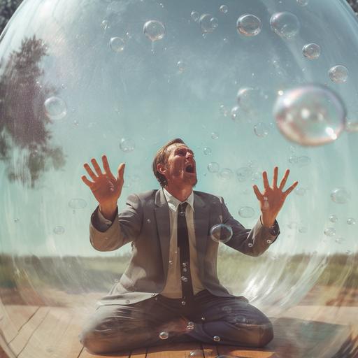 a man trapped in a bubble in a pool, the bubble is light brown and the man is yelling for help and using his hands to try to break the bubble