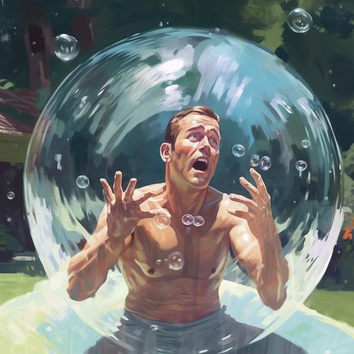 a man trapped in a bubble in a pool, the bubble is light brown and the man is yelling for help and using his hands to try to break the bubble. He is scared and has a look of disgust on his face. He is shirtless but is wearing swim trunks.