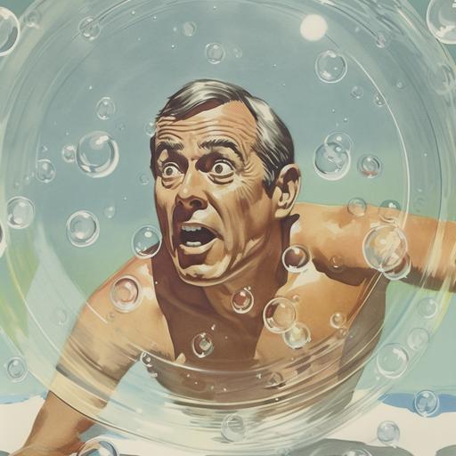 a man trapped in a bubble in a pool, the bubble is light brown and the man is yelling for help and using his hands to try to break the bubble. He is scared and has a look of disgust on his face. He is shirtless but is wearing swim trunks.