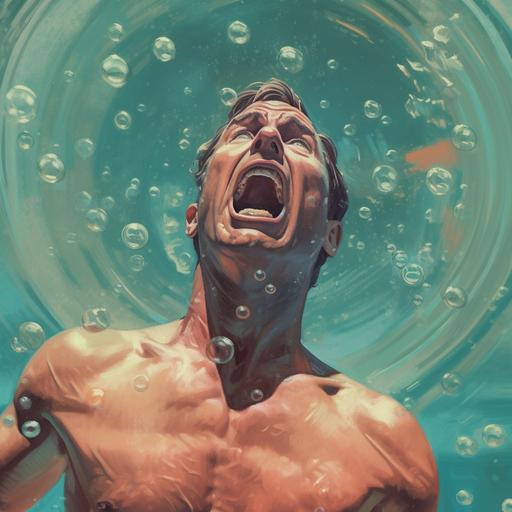 a man trapped in a bubble in a pool, the bubble is light brown and the man is yelling for help and using his hands to try to break the bubble. He is scared and has a look of disgust on his face. He is shirtless but is wearing swim trunks.