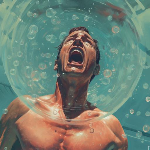 a man trapped in a bubble in a pool, the bubble is light brown and the man is yelling for help and using his hands to try to break the bubble. He is scared and has a look of disgust on his face. He is shirtless but is wearing swim trunks.