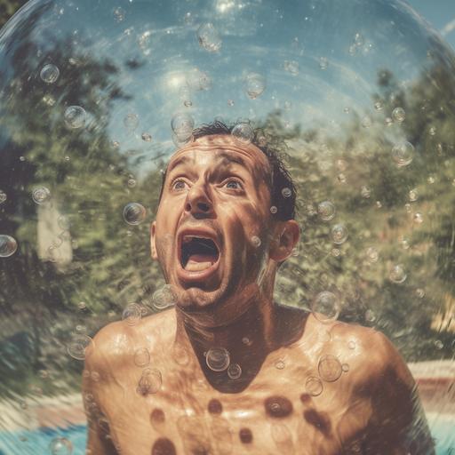 a man trapped in a bubble in a pool, the bubble is light brown and the man is yelling for help and using his hands to try to break the bubble. He is scared and has a look of disgust on his face. He is shirtless but is wearing swim trunks.