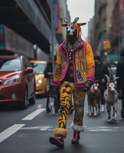 a man walking down the street is wearing a goat costume, in the style of bold colors and patterns, the new york school, afrofuturism-inspired, siya oum, gloomy, knitted and crocheted, nyc explosion coverage --ar 80:99 --v 5.2