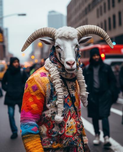 a man walking down the street is wearing a goat costume, in the style of bold colors and patterns, the new york school, afrofuturism-inspired, siya oum, gloomy, knitted and crocheted, nyc explosion coverage --ar 80:99 --v 5.2