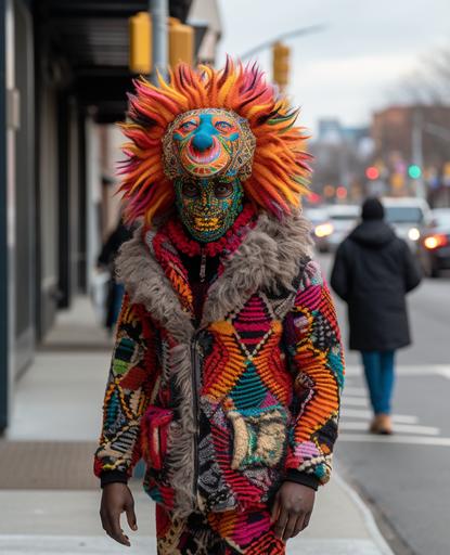 a man walking down the street is wearing a head lion costume, in the style of bold colors and patterns, the new york school, afrofuturism-inspired, siya oum, gloomy, knitted and crocheted, nyc explosion coverage --ar 80:99 --v 5.2