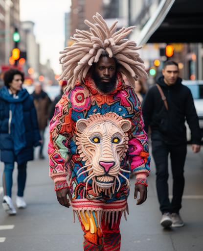 a man walking down the street is wearing a head lion costume, in the style of bold colors and patterns, the new york school, afrofuturism-inspired, siya oum, gloomy, knitted and crocheted, nyc explosion coverage --ar 80:99 --v 5.2