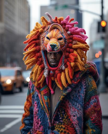 a man walking down the street is wearing a head lion costume, in the style of bold colors and patterns, the new york school, afrofuturism-inspired, siya oum, gloomy, knitted and crocheted, nyc explosion coverage --ar 80:99 --v 5.2