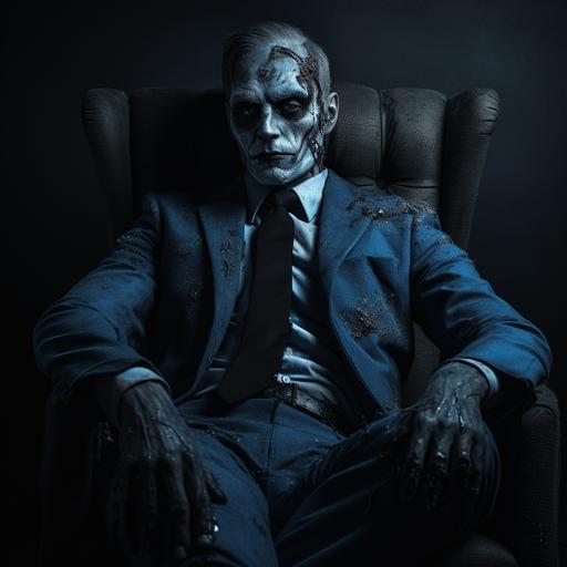 a man wearing blue face makeup in a suit and tie, in the style of zbrush, intense light and dark, organic sculpting, chilling creatures, shot on 70mm, george stefanescu, halloween