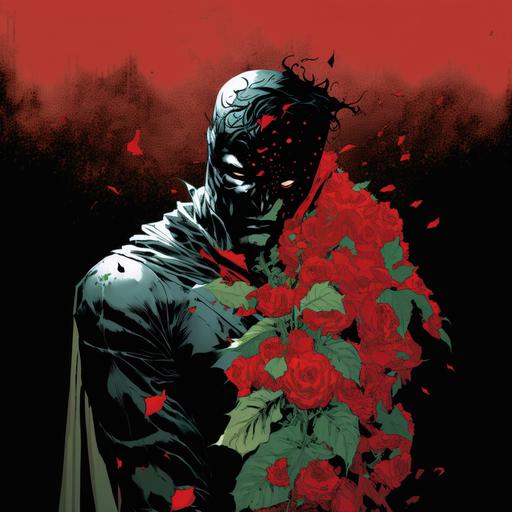 a man who is a super hero , has a glass head with a flower in it and he’s grabbing his head in agony , the flower is growing inside him , black and red cape, rhinestone 80’s suit, 80’s dark comic book style.