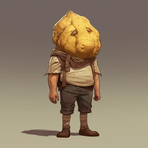 a man with a head made of potato with a potato material sack shirt, potato sack material pants, old work boats, character design, concept design, rich color scheme