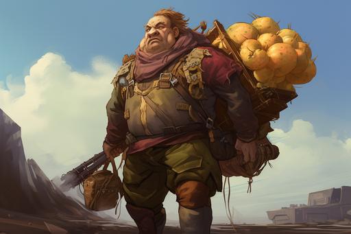 a man with a head made of potato with a potato material sack shirt, potato sack material pants, old work boats, with a potato backpack sack on his back, wtih a potato gun that shoot hot potatos, character design, concept design, rich color scheme, magic the gathering art style. --ar 3:2