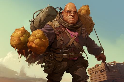 a man with a head made of potato with a potato material sack shirt, potato sack material pants, old work boats, with a potato backpack sack on his back, wtih a potato gun that shoot hot potatos, character design, concept design, rich color scheme, magic the gathering art style. --ar 3:2