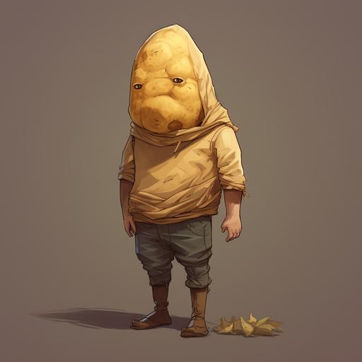 a man with a head made of potato with a potato material sack shirt, potato sack material pants, old work boats, character design, concept design, rich color scheme
